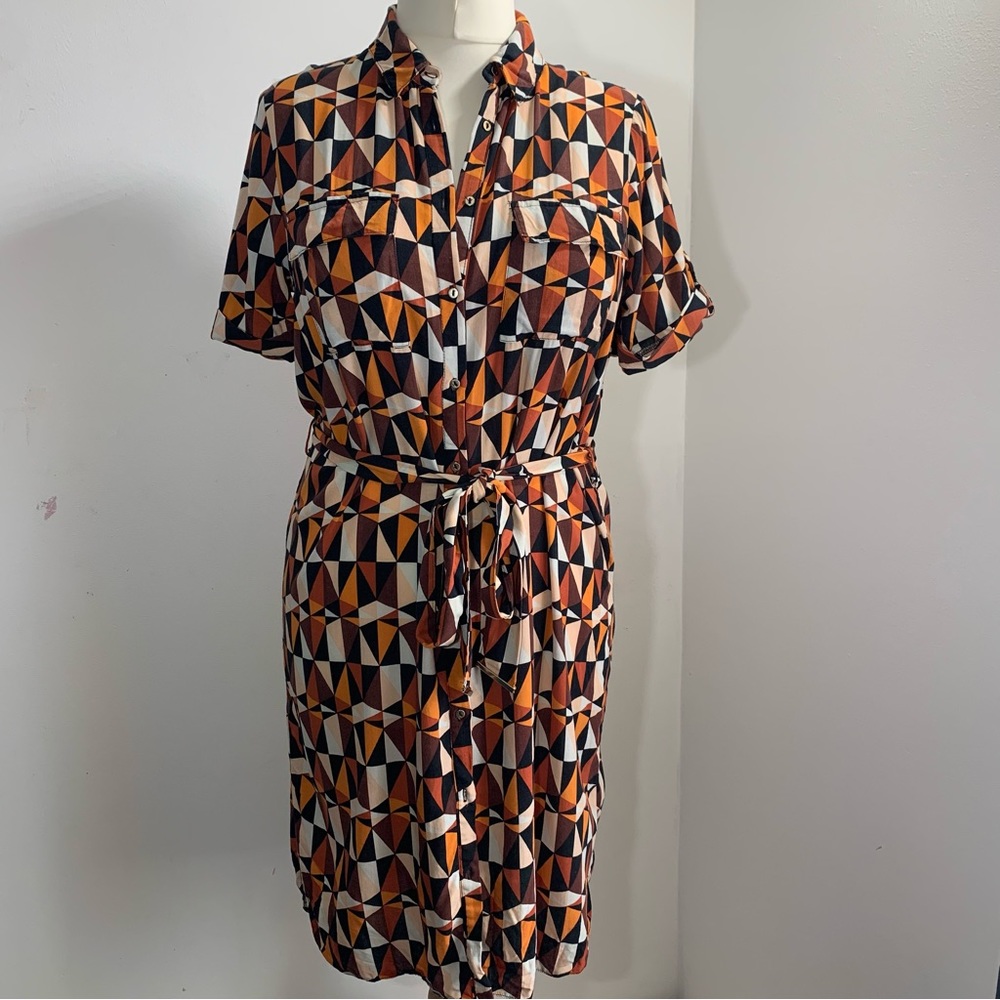 Dorothy Perkins Shirt Dress Orange Black Geometric Print Belted Rolled Sleeve 12 - Picture 4 of 13